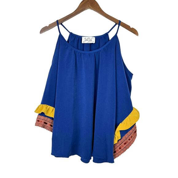 VaVa by Joy Han Royal Blue Cold Shoulder Ruffle Lace Trim Blouse - Picture 4 of 11